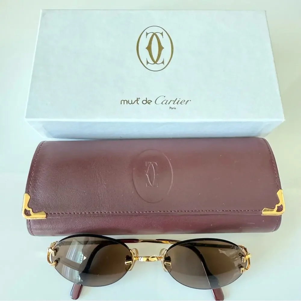 CARTIER Oval Rimless Sunglasses Brown  Gold Frame Authentic Vintage